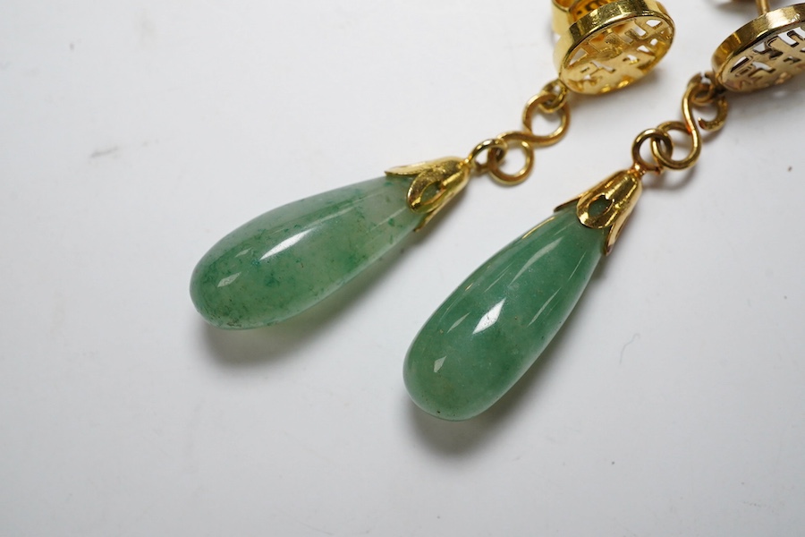 A pair Chinese yellow metal and teardrop shaped jade earrings, 42mm, gross weight 5.1 grams. Condition - fair to good